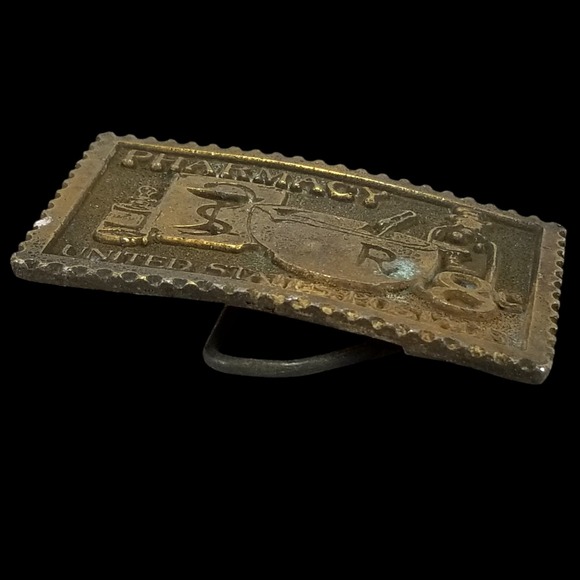 Vintage Pharmacy Stamp Belt Buckle Tiffany Studio New York Brass - Picture 4 of 9